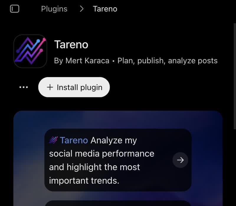 The Tareno plugin page in ChatGPT with the Install plugin button below the title and example prompts underneath.