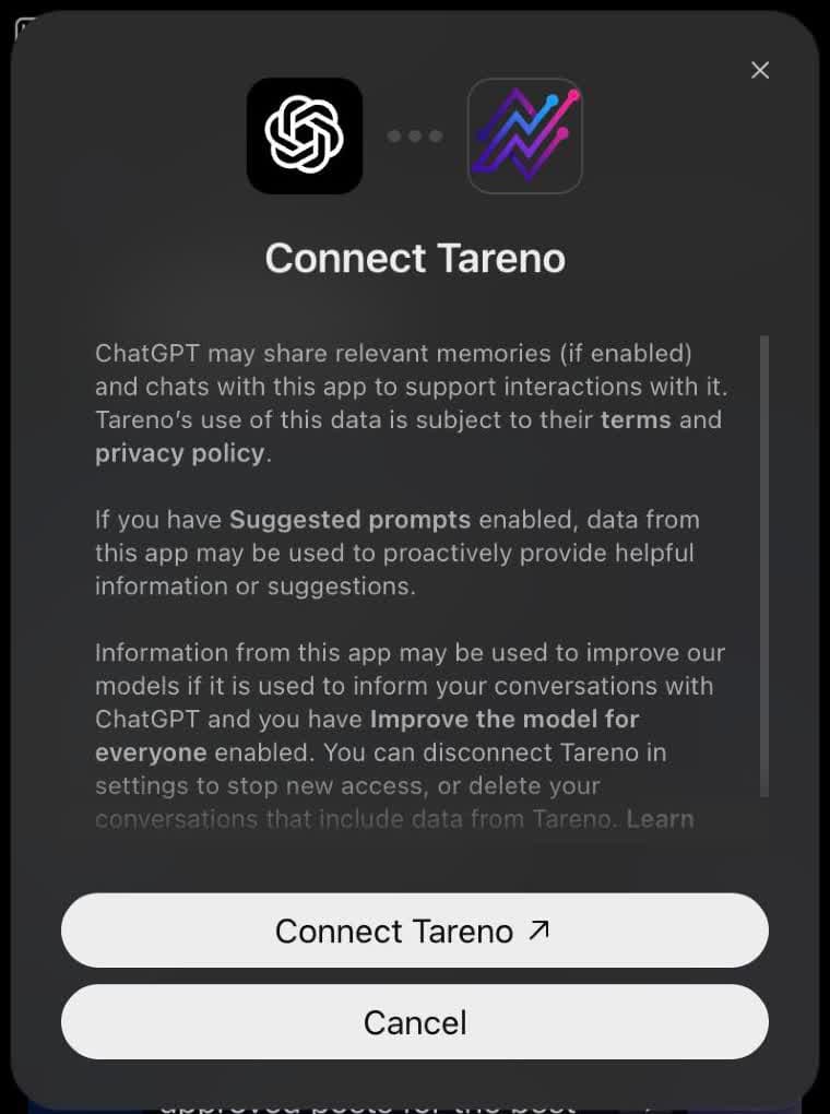 ChatGPT's Connect Tareno dialog explaining how data is shared, with a Connect Tareno button.