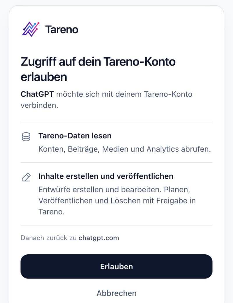 Tareno's consent page listing that ChatGPT may read Tareno data and create content, with Allow and Cancel buttons.