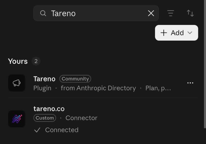Claude's Customize area on the Plugins tab after searching for Tareno, showing the Tareno plugin with a Community label and a connected custom connector.