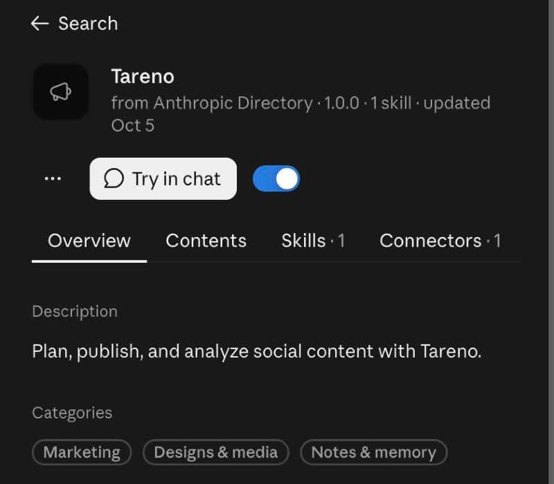 The Tareno plugin page in Claude with its description, a Try in chat button and a switch that is turned on.