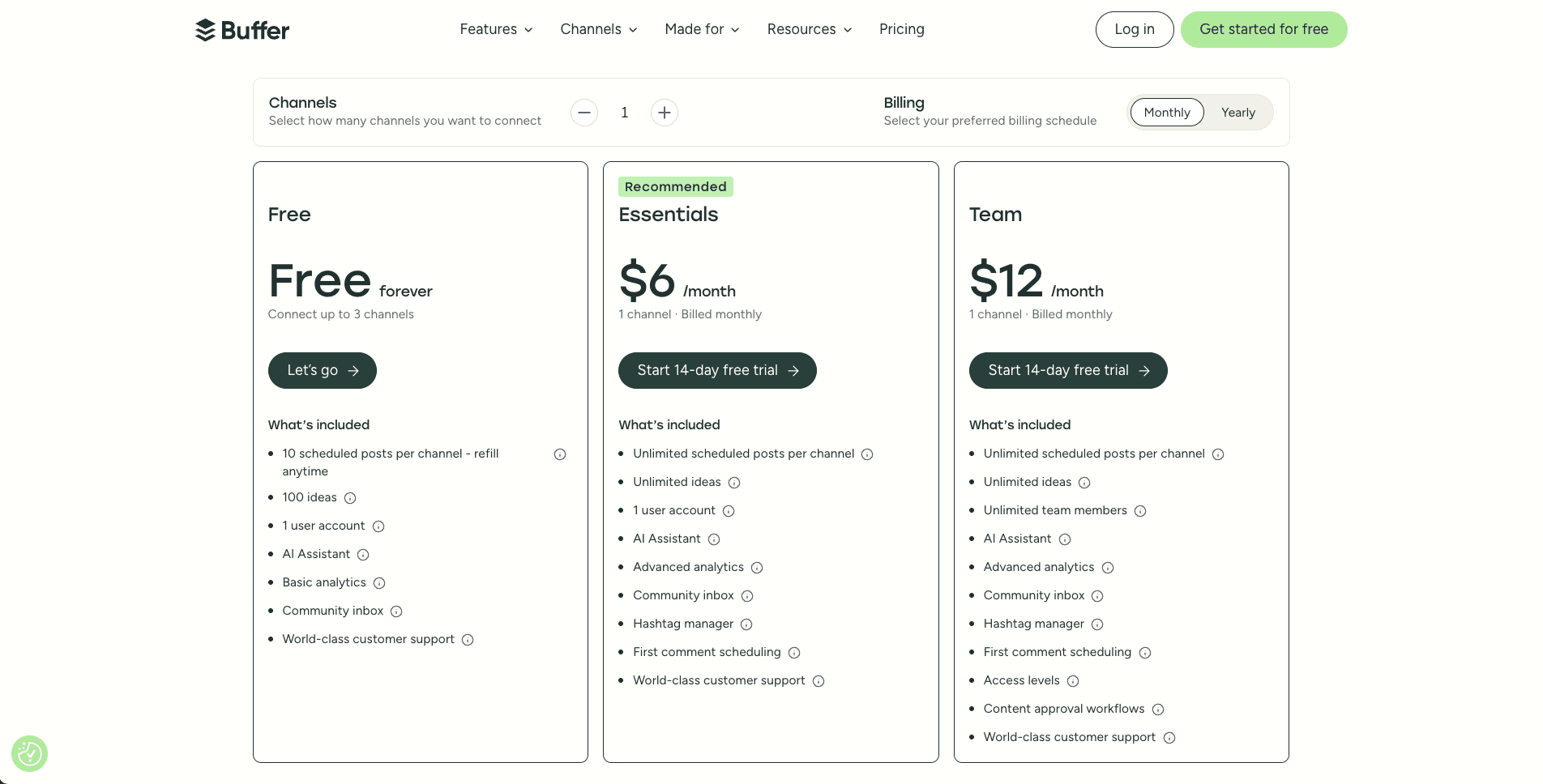 Buffer public pricing page screenshot for plan comparison