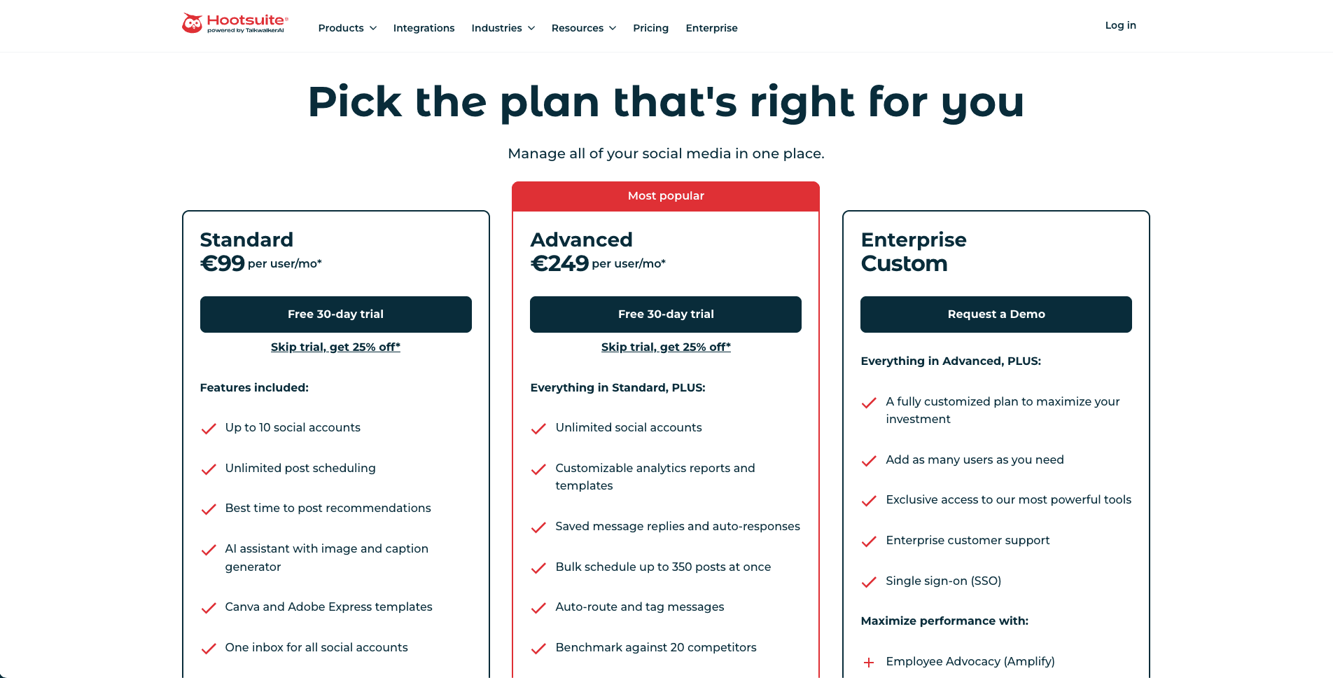 Hootsuite public pricing page screenshot for plan comparison