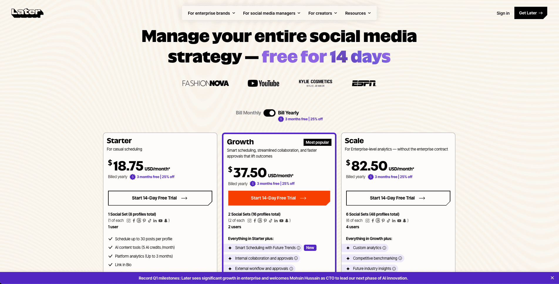 Later public pricing page screenshot for plan comparison