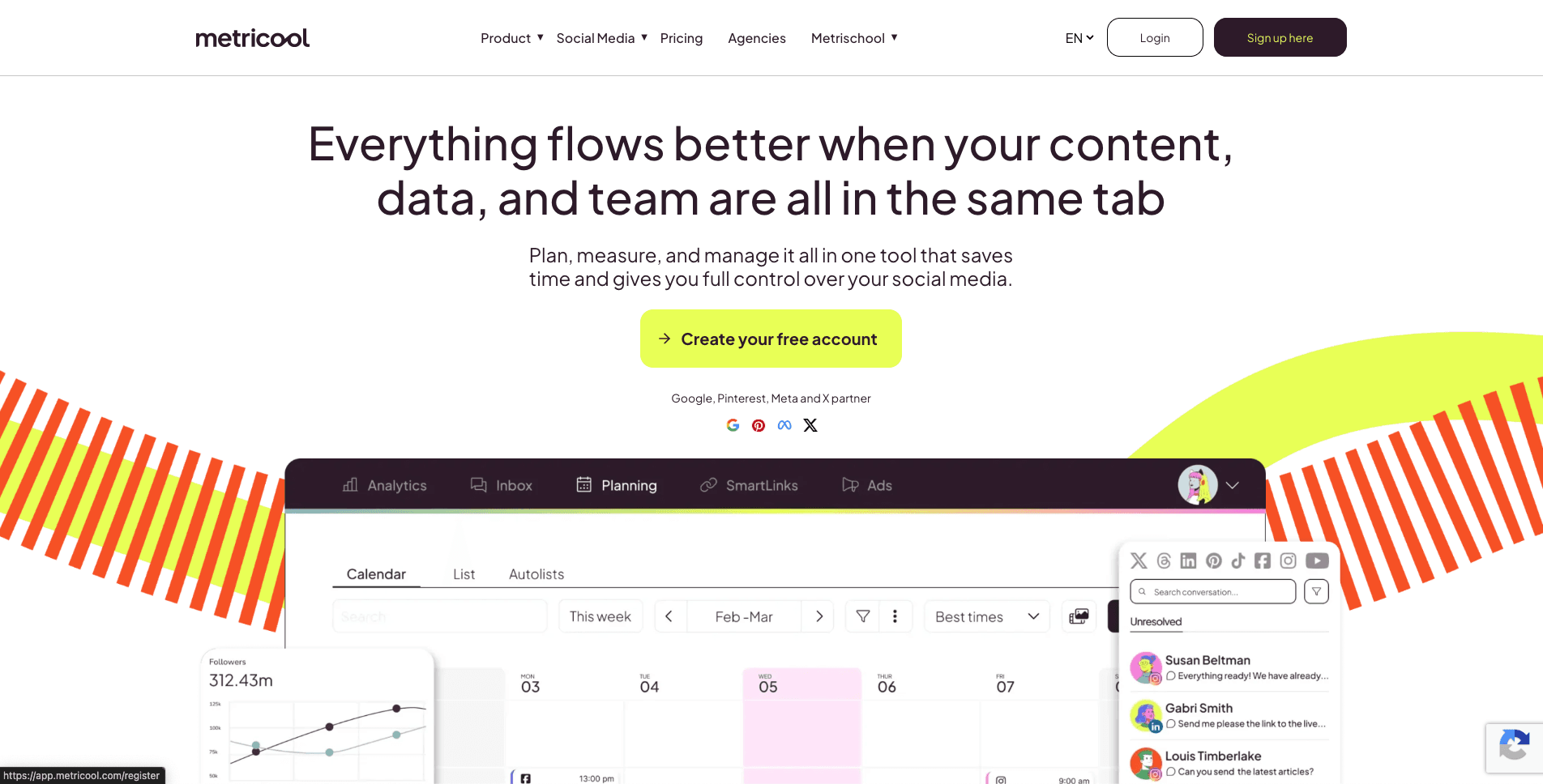 Metricool public landing page screenshot for neutral comparison context