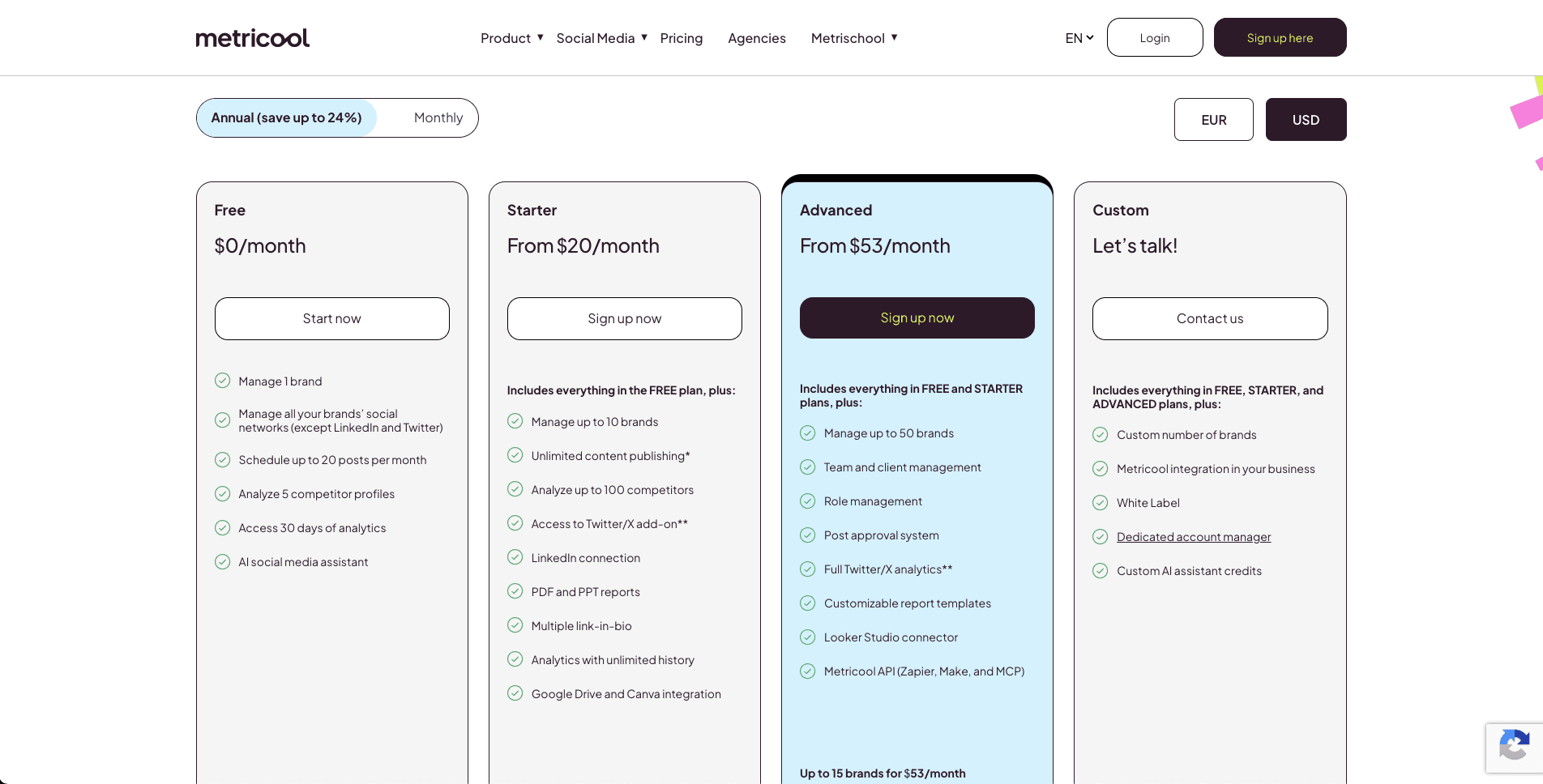 Metricool public pricing page screenshot for plan comparison