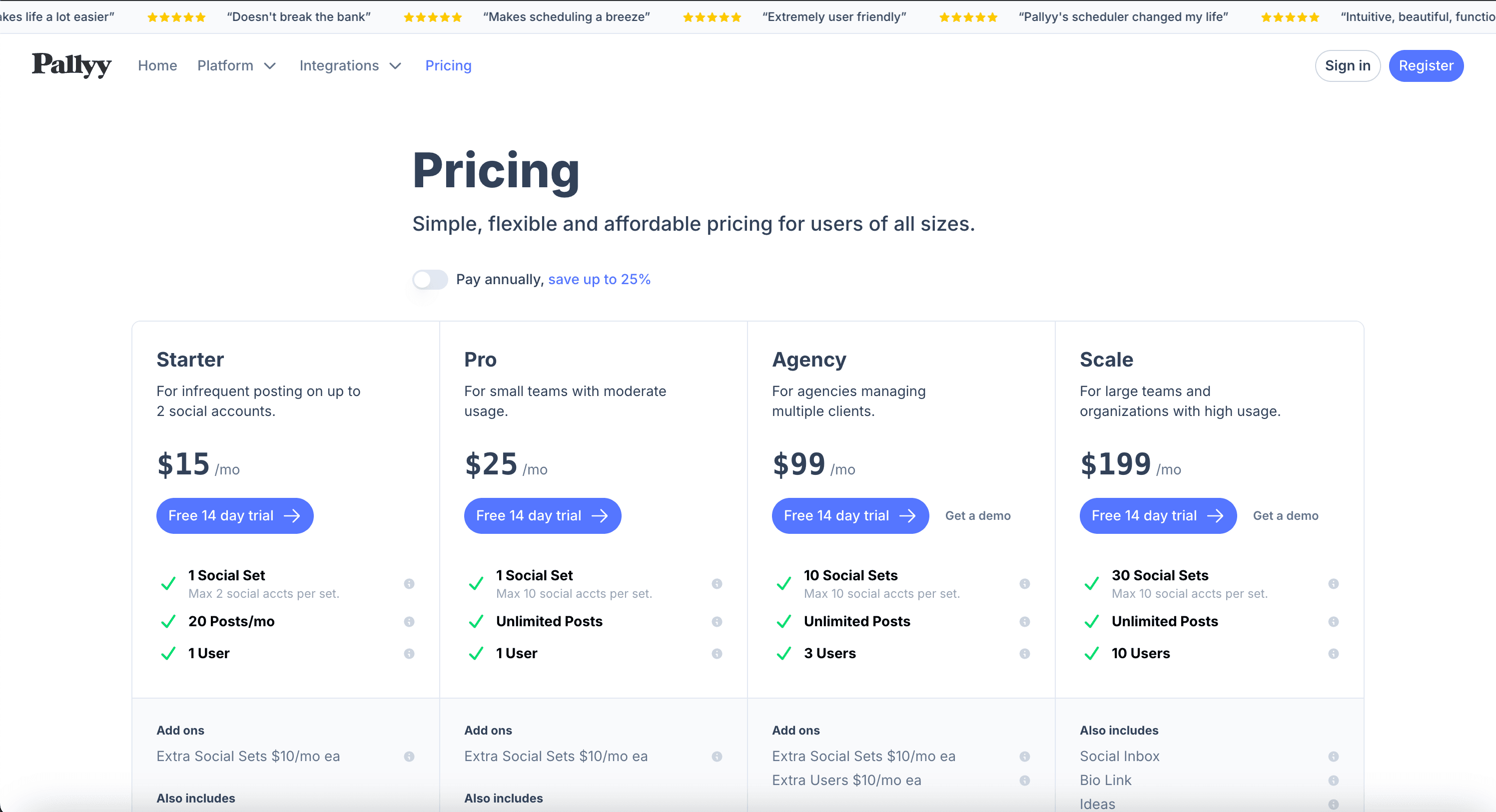 Pallyy public pricing page screenshot for plan comparison