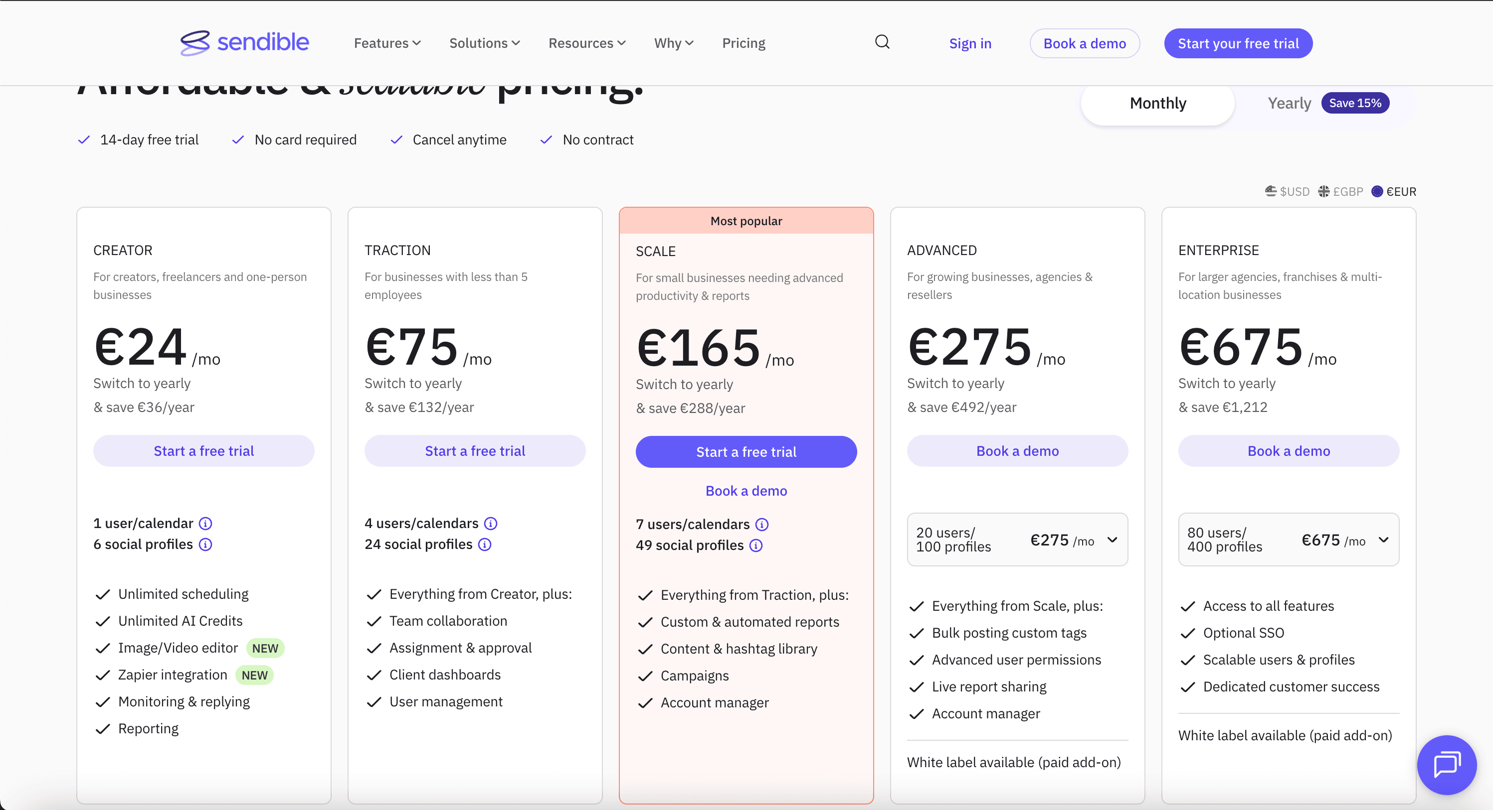 Sendible public pricing page screenshot for plan comparison