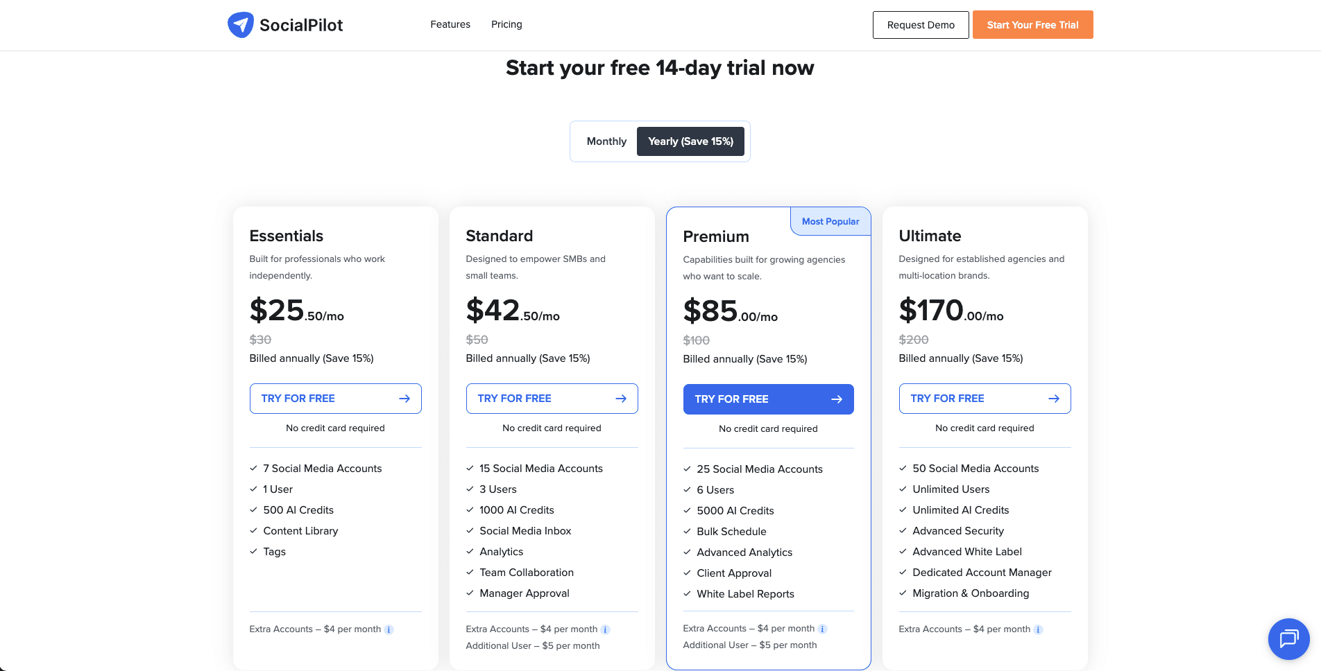 SocialPilot public pricing page screenshot
