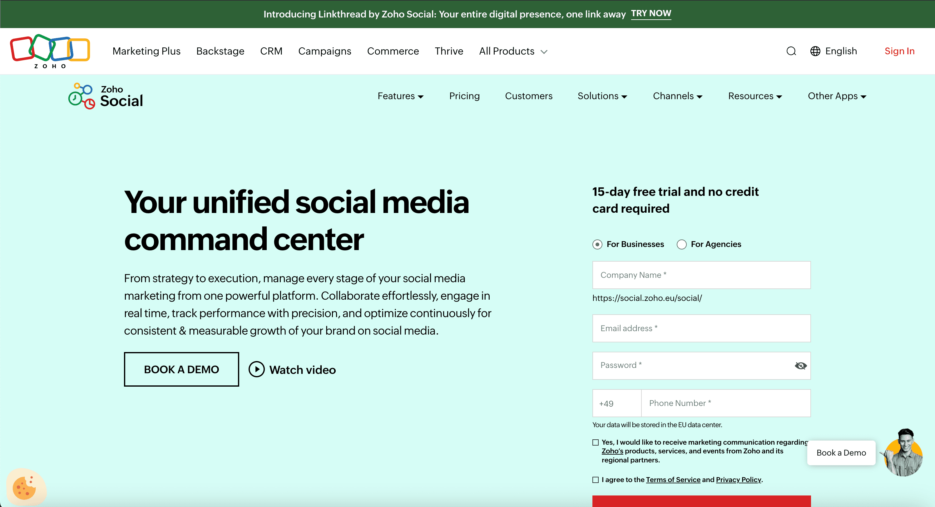 Zoho Social public landing page screenshot for neutral comparison context