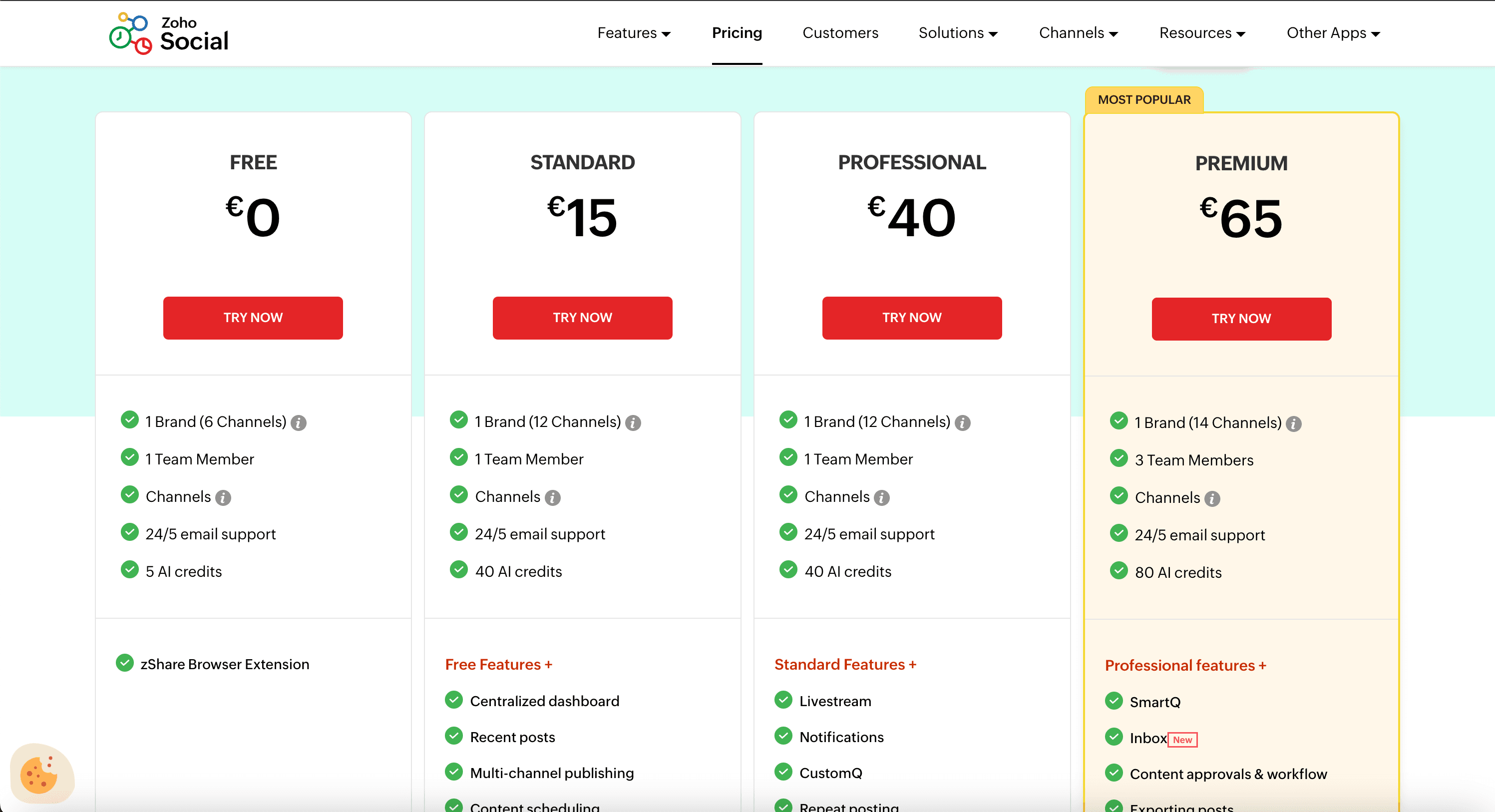 Zoho Social public pricing page screenshot for plan comparison