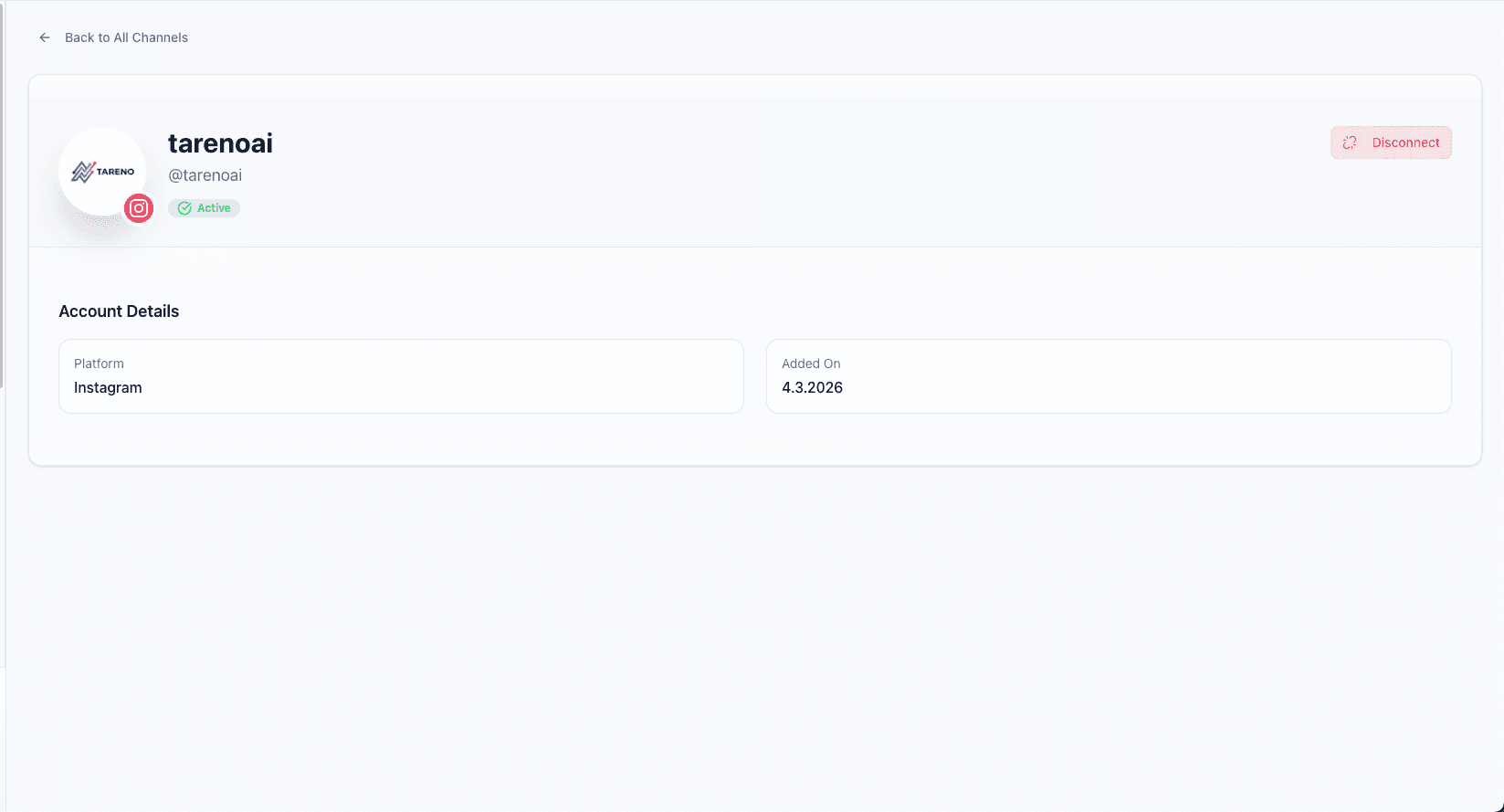 Connected Instagram channel in Tareno