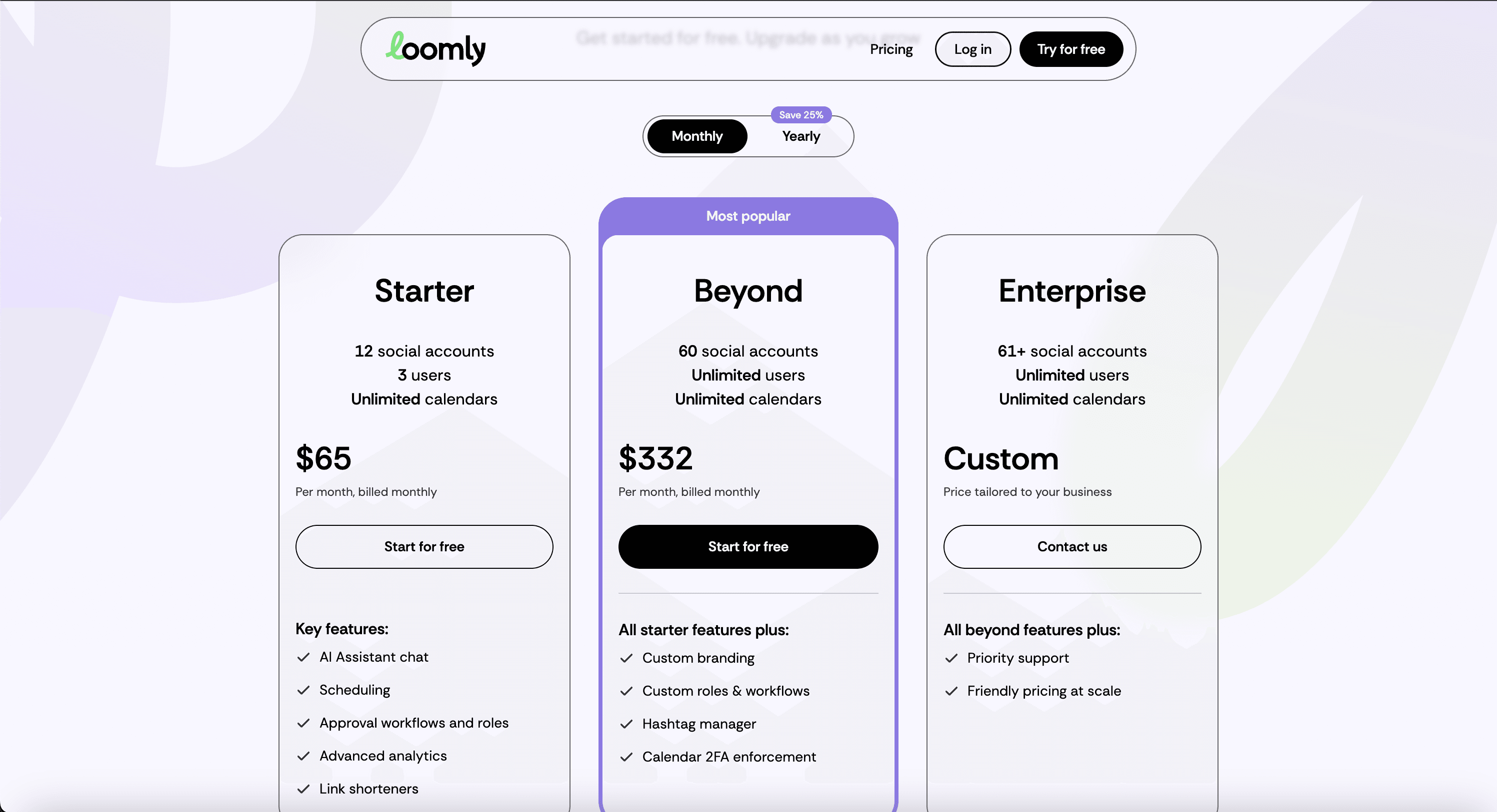 Loomly public pricing page screenshot for plan comparison