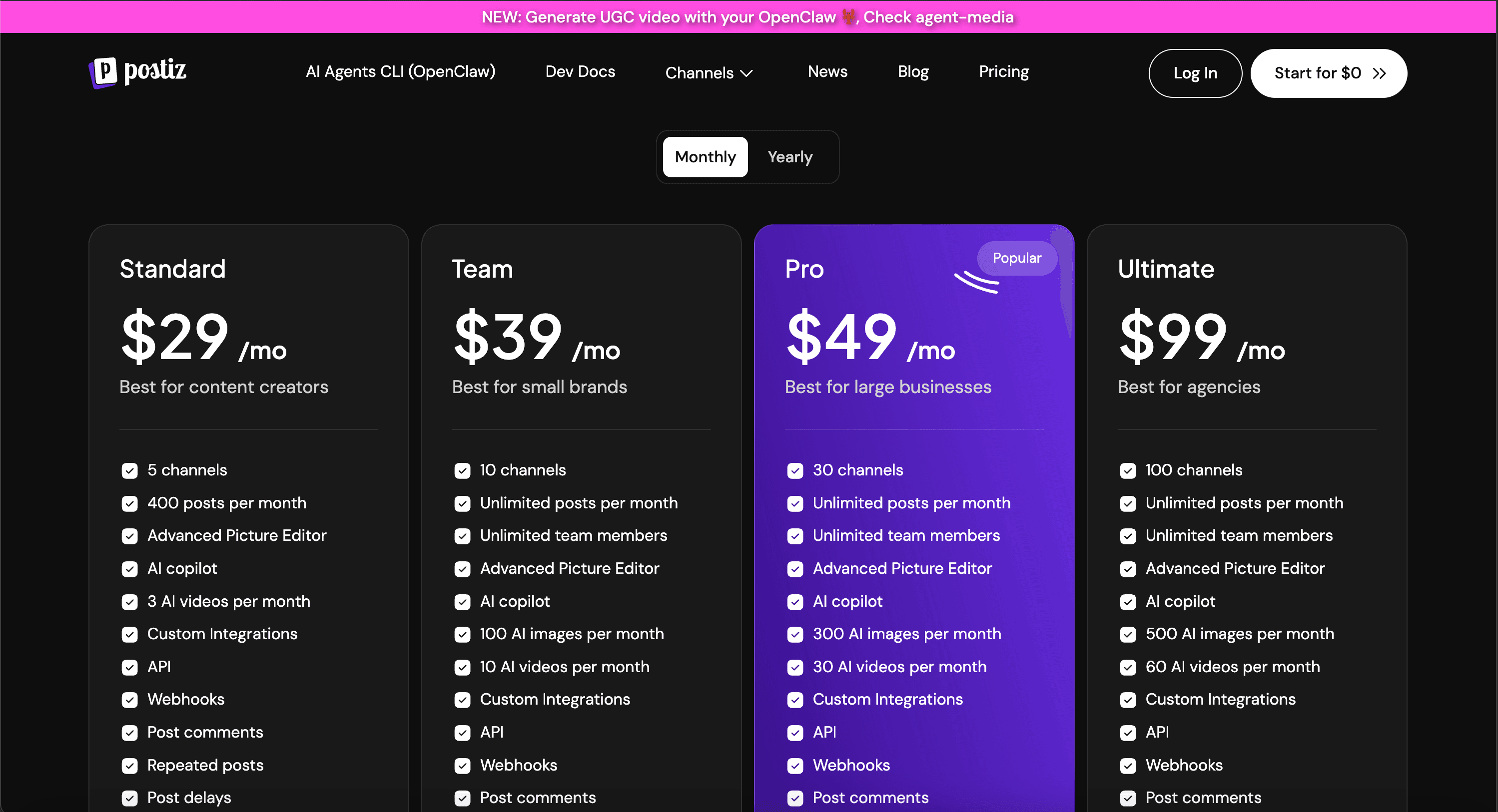 Postiz public pricing page screenshot for plan comparison
