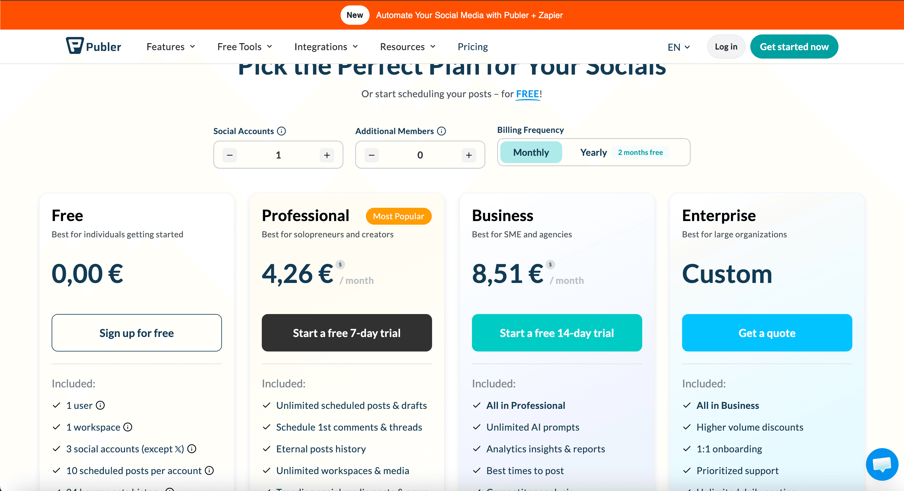 Publer public pricing page screenshot for plan comparison