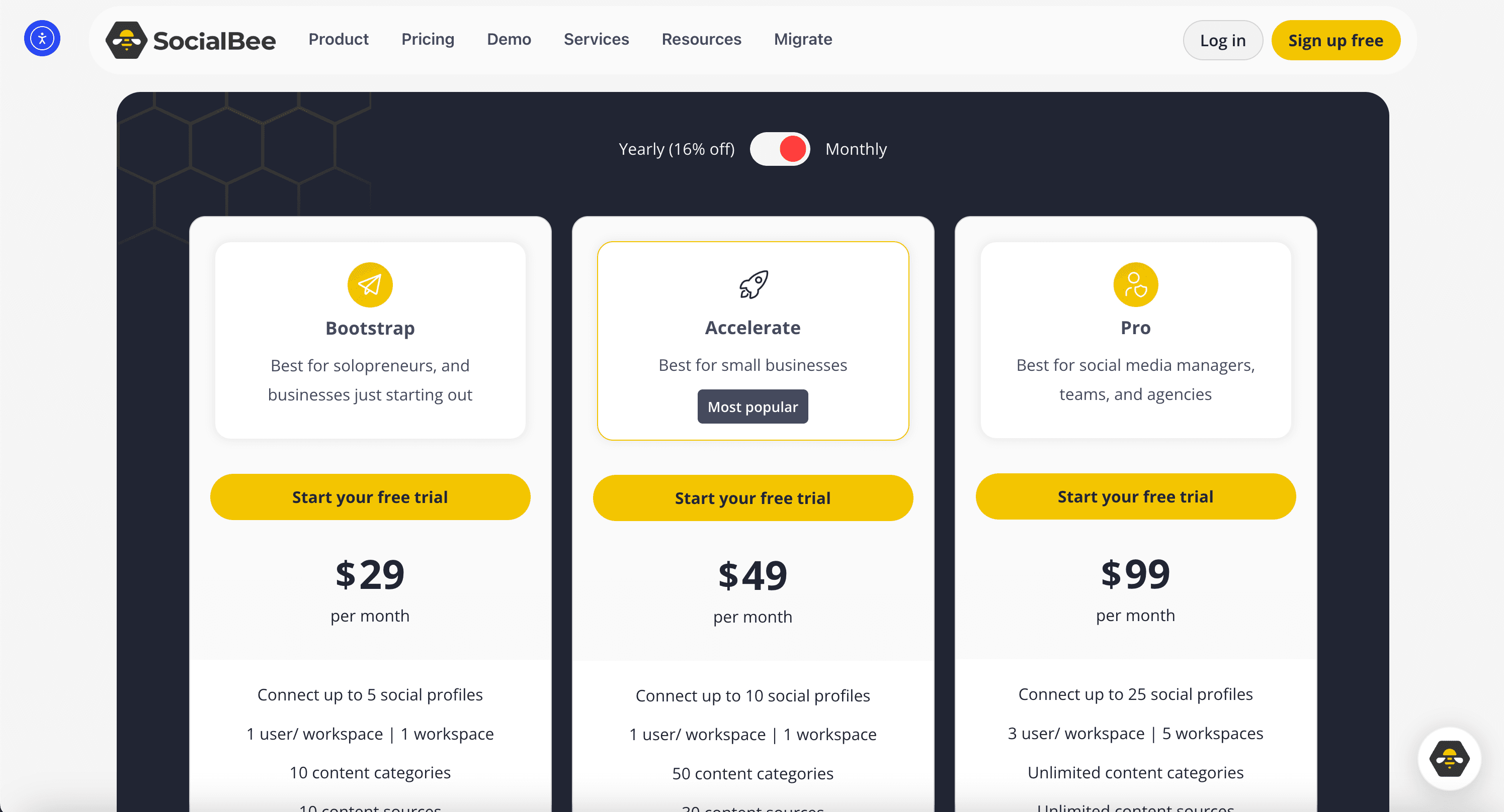SocialBee public pricing page screenshot for plan comparison