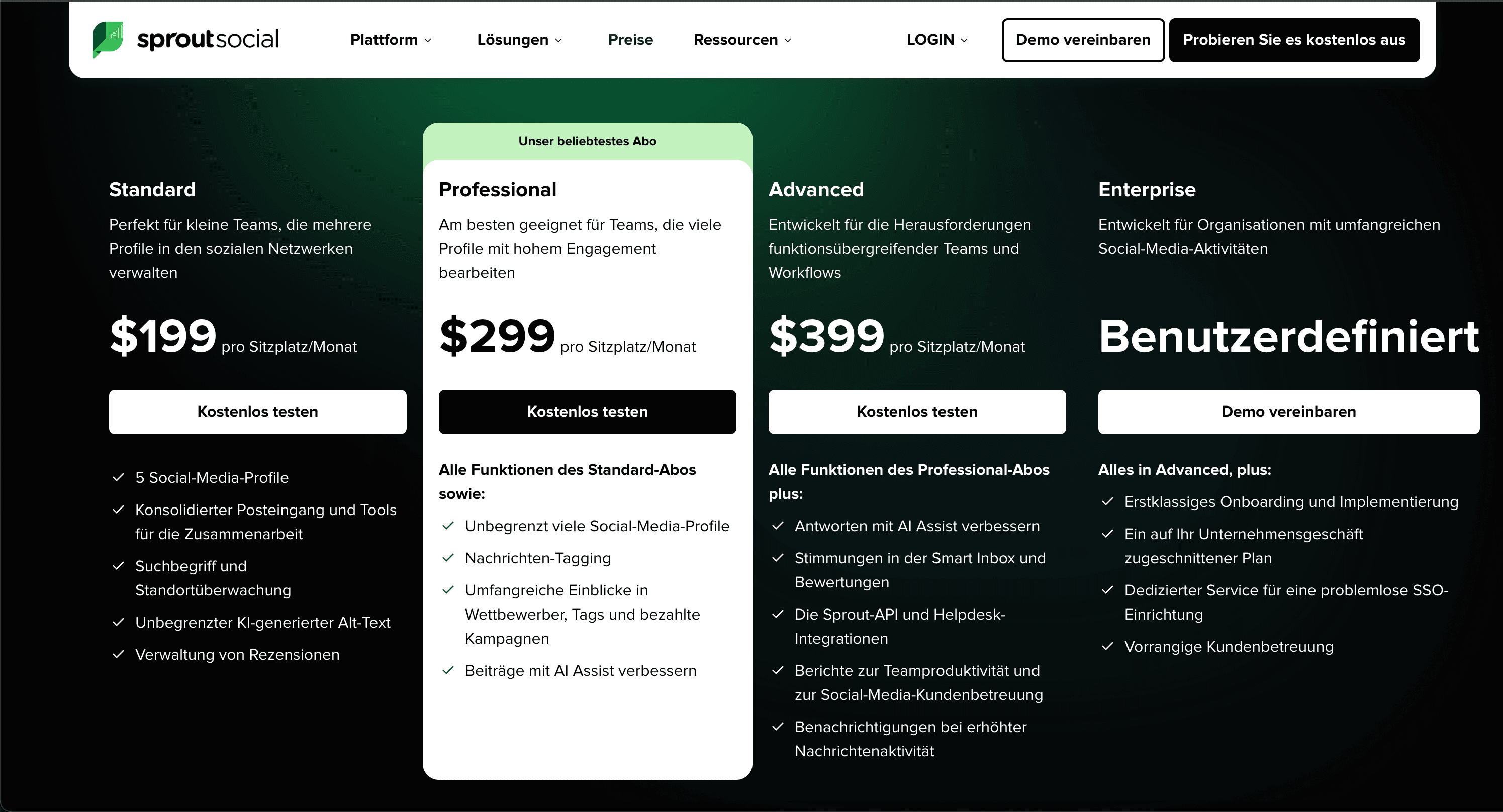 Sprout Social public pricing page screenshot for plan comparison