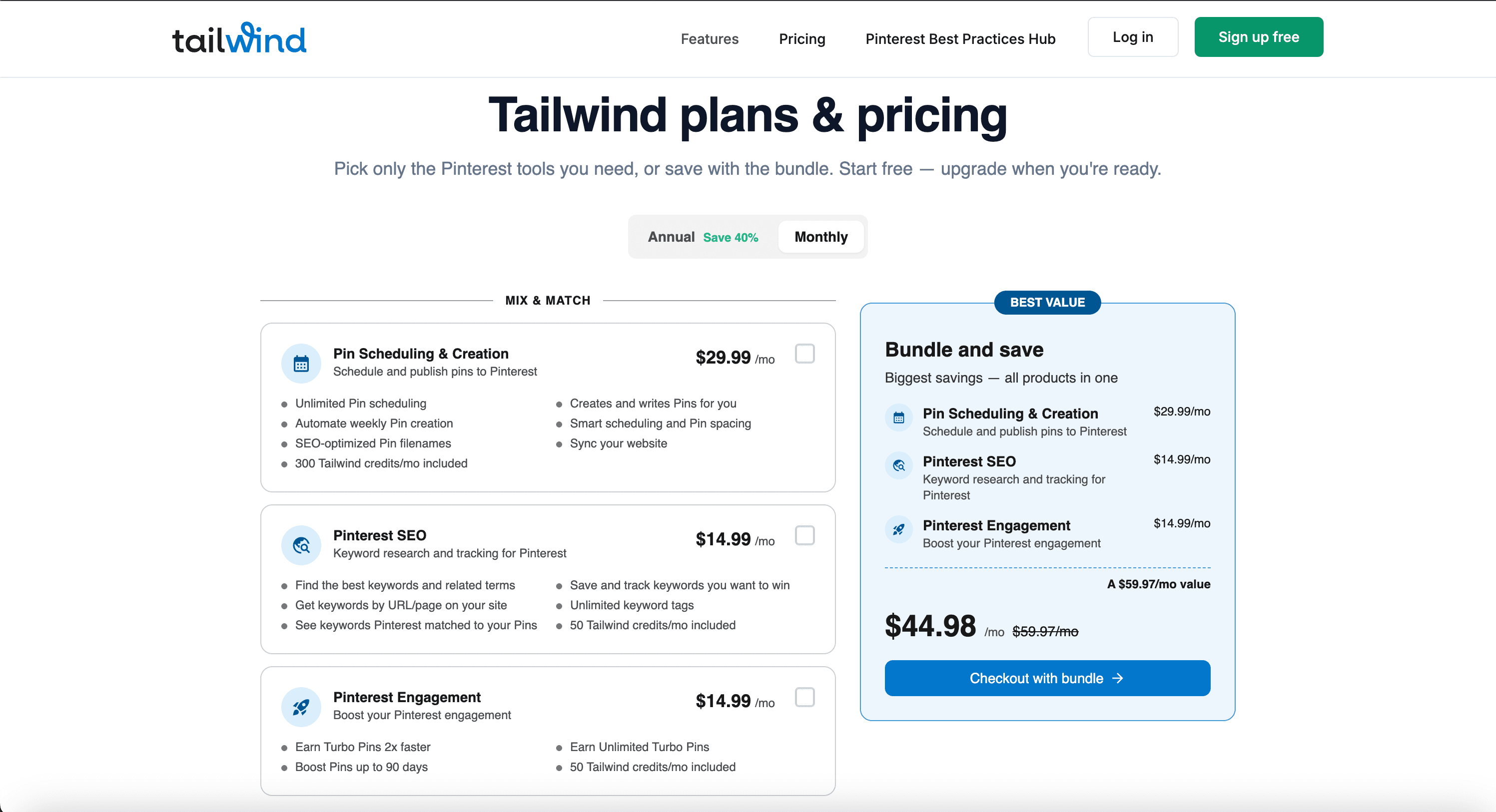 Tailwind public pricing page screenshot for plan comparison