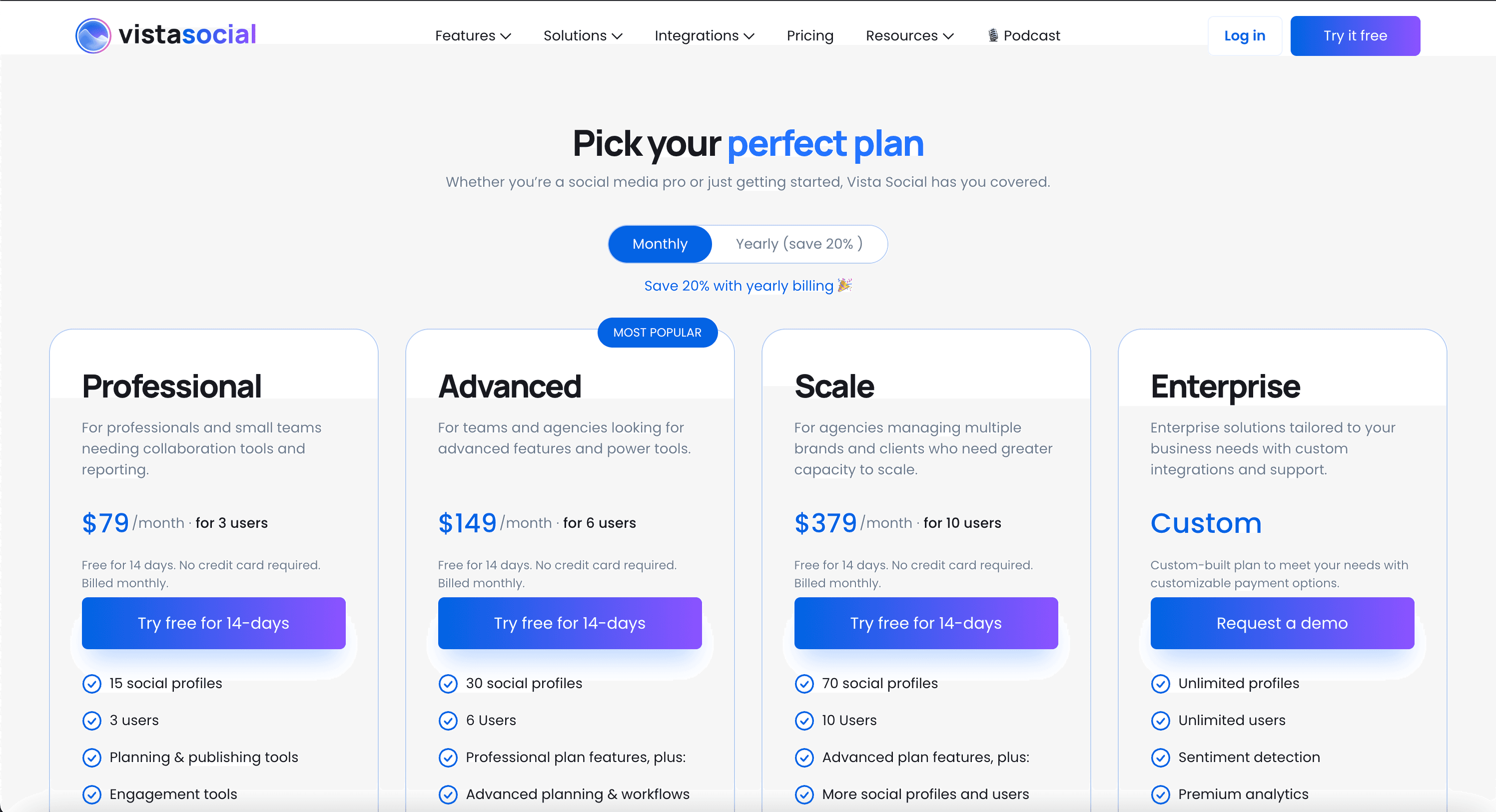 Vista Social public pricing page screenshot for plan comparison