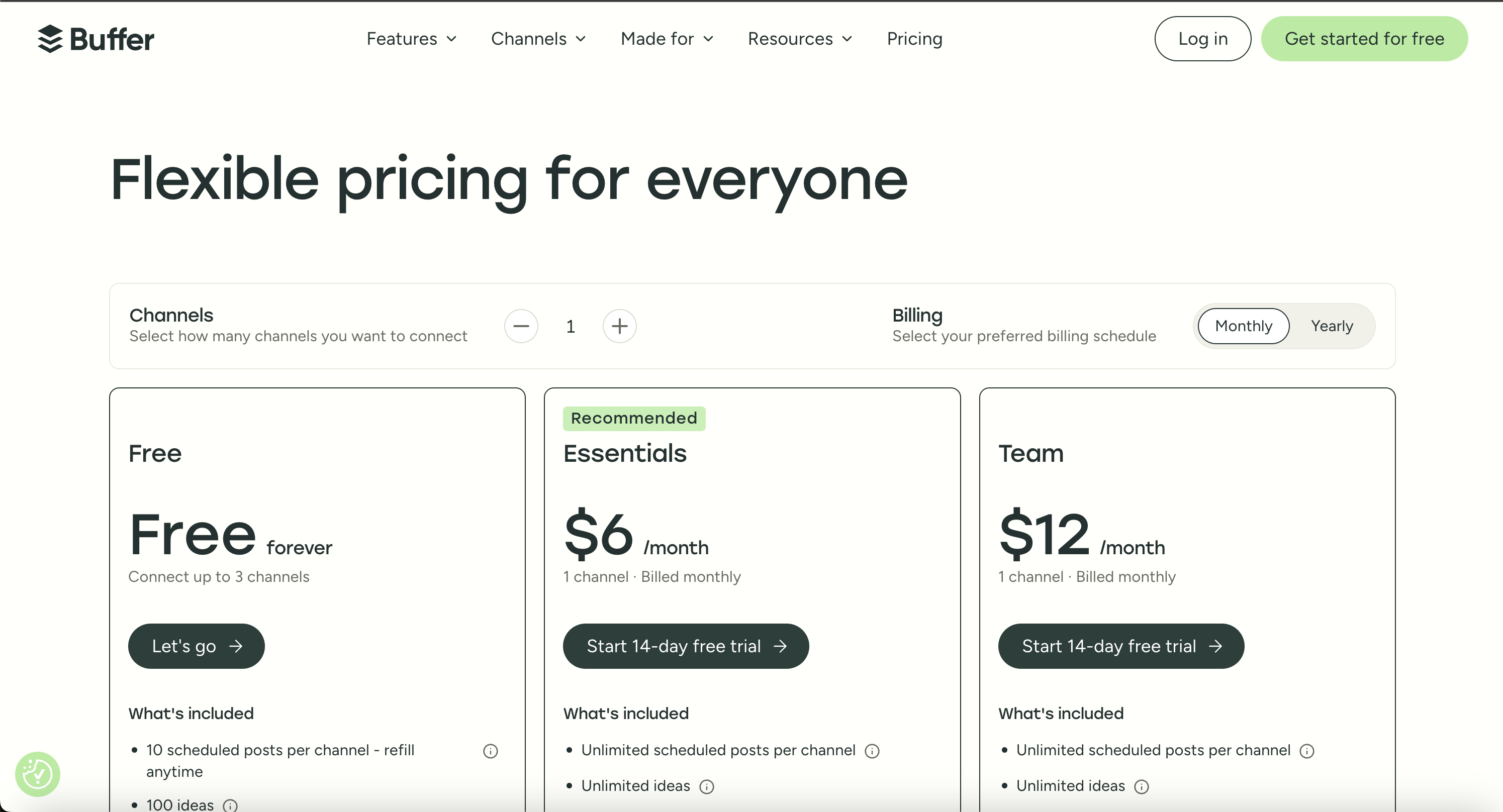 Buffer pricing screenshot