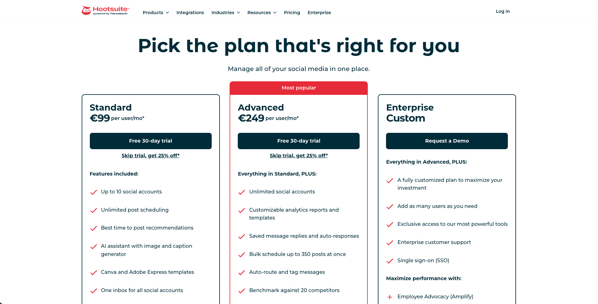 Hootsuite pricing screenshot