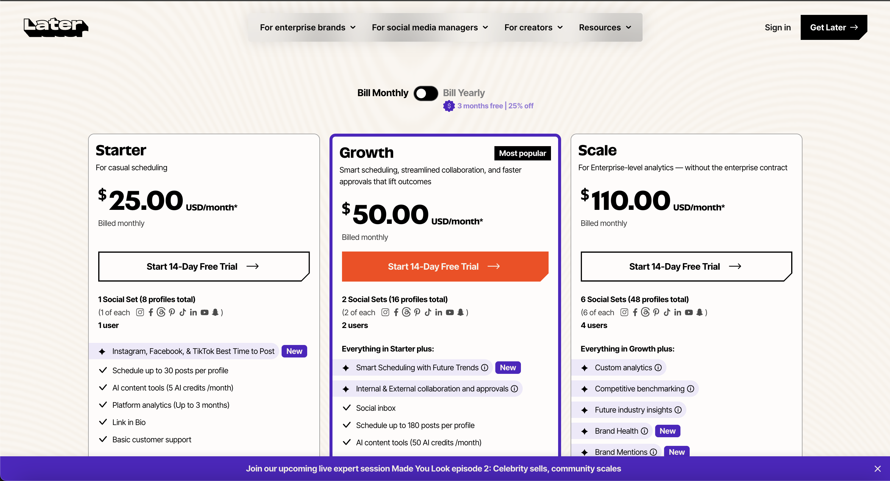 Later pricing screenshot
