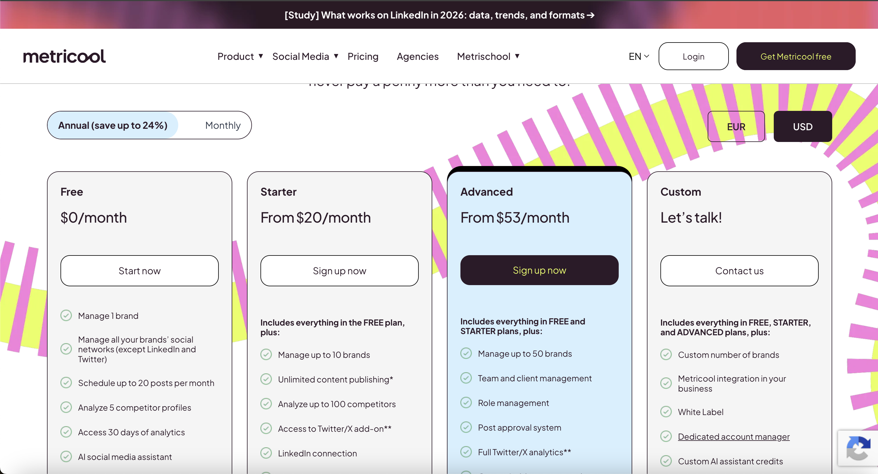 Metricool pricing screenshot