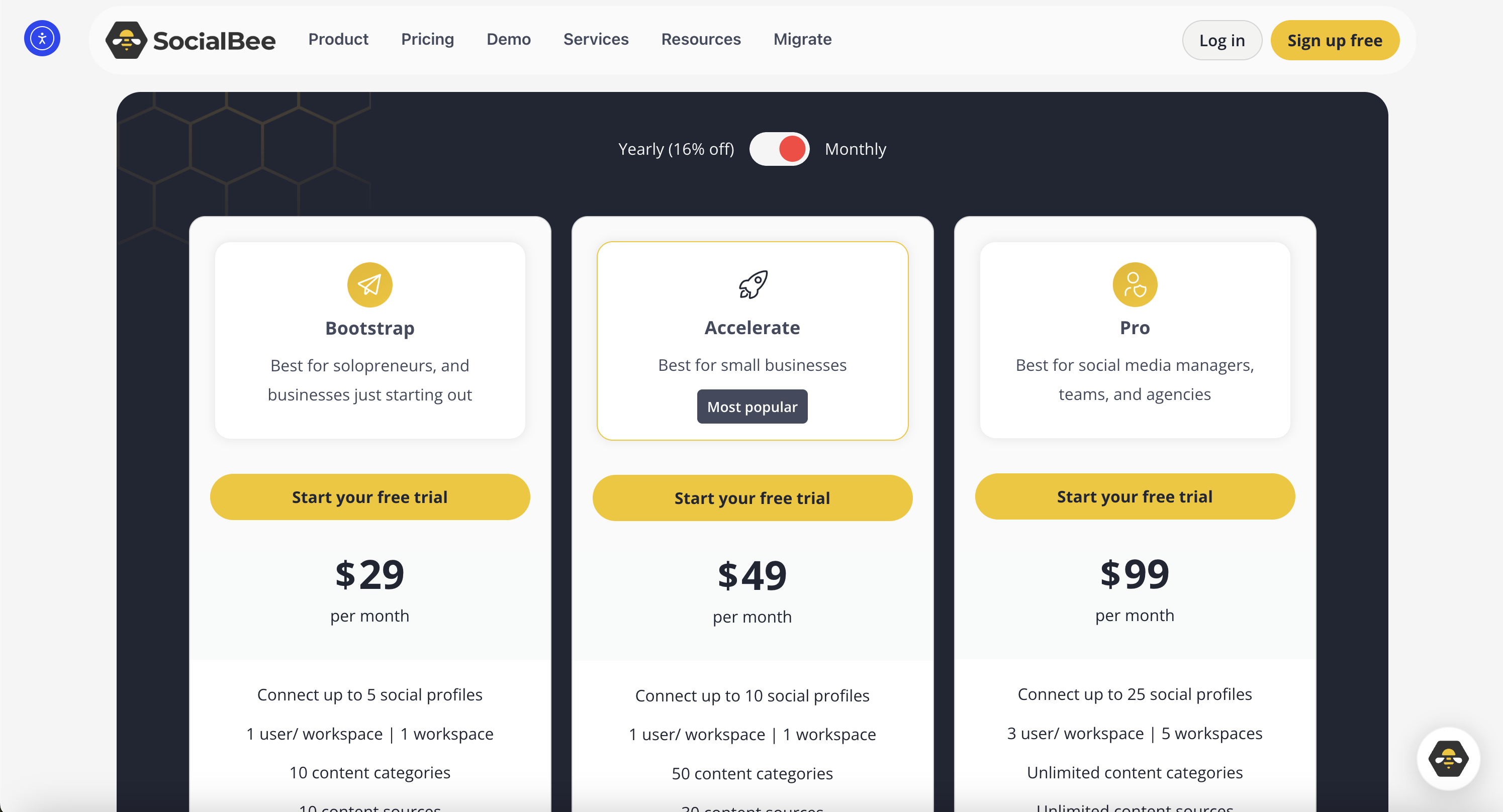 SocialBee pricing screenshot