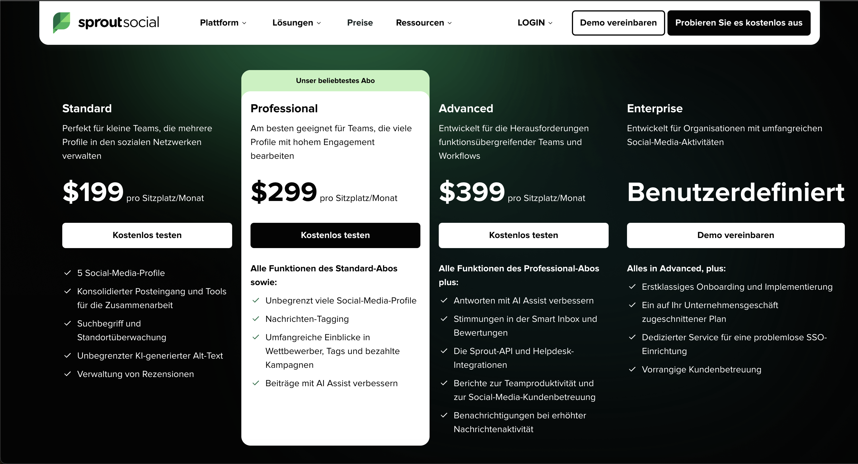 Sprout Social pricing screenshot