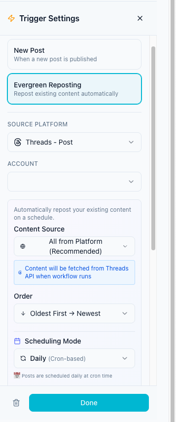 Workflow trigger settings for evergreen automation