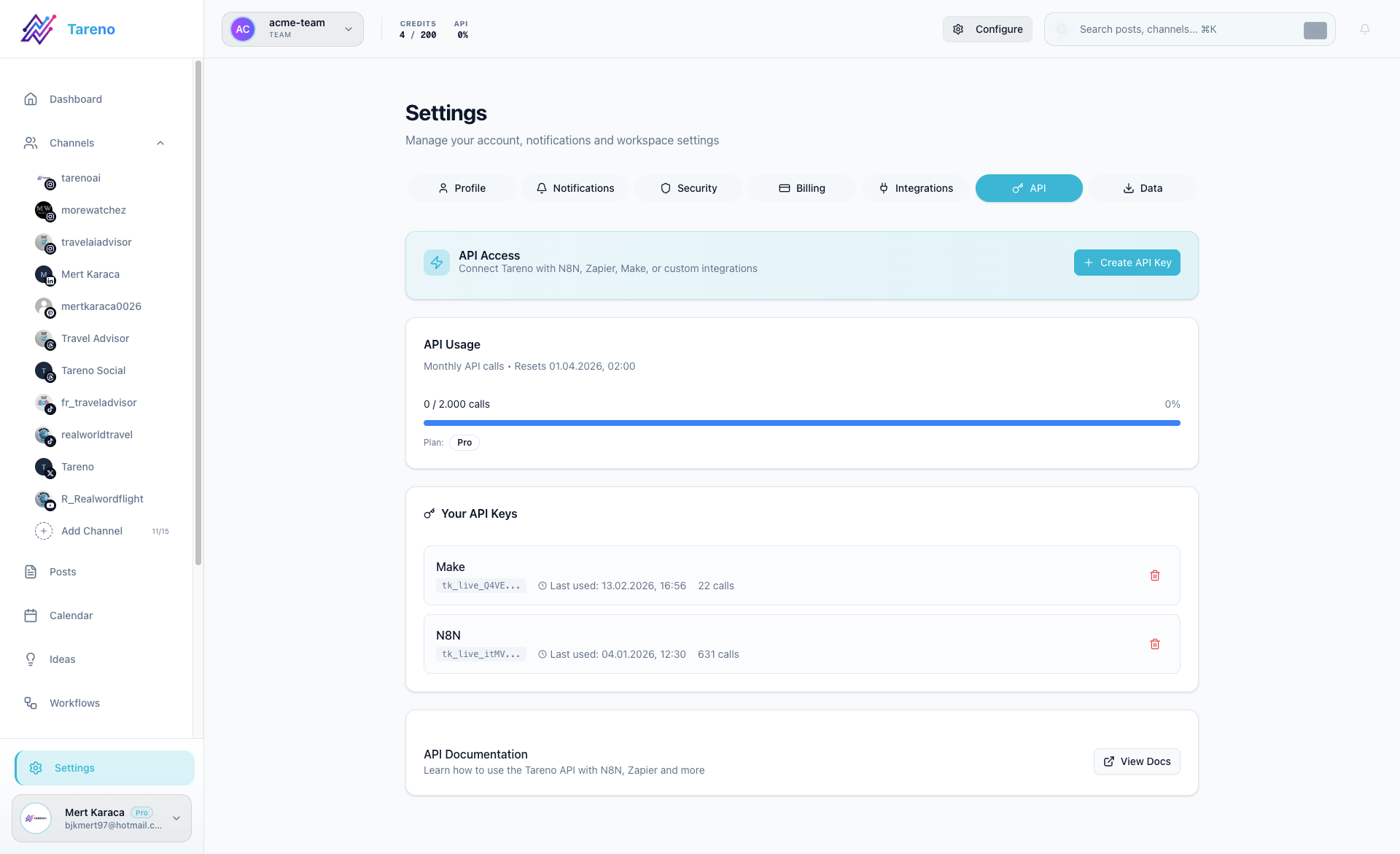 API settings for Make access