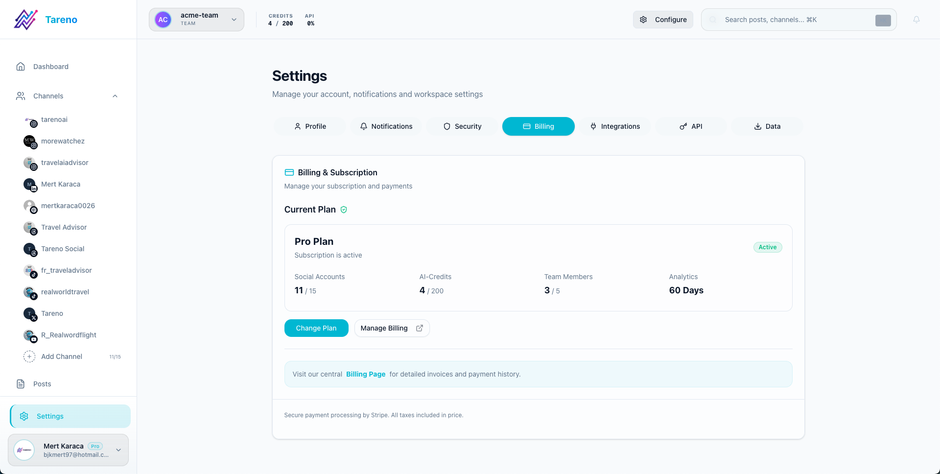 Billing dashboard