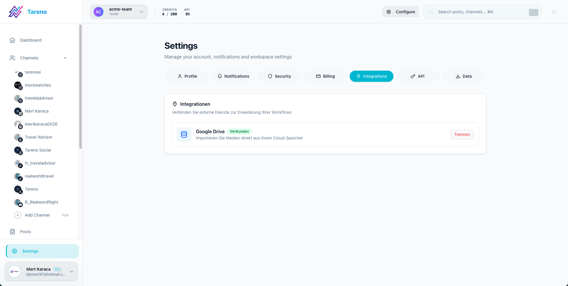 Tareno integrations panel showing Canva