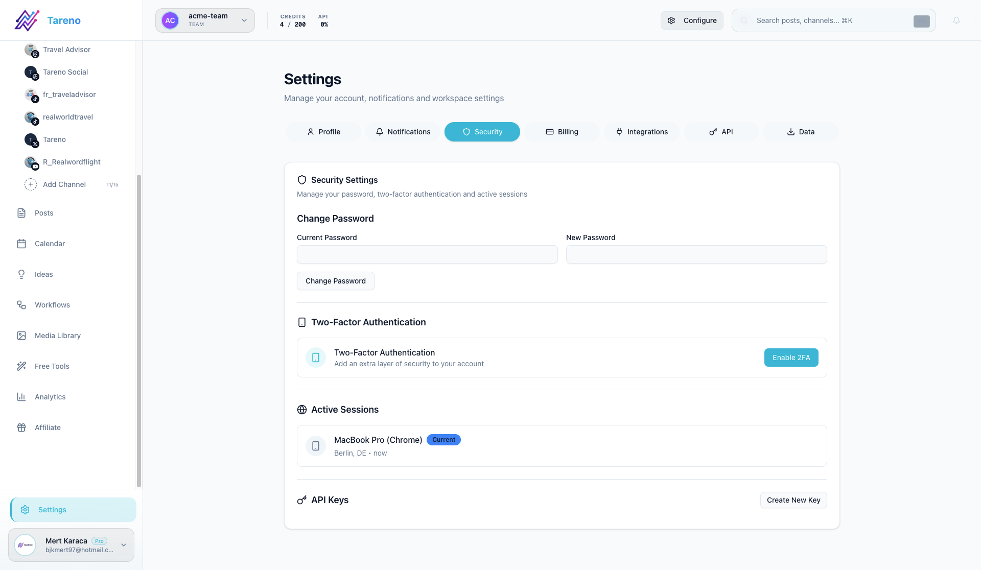 Tareno Security Settings Panel with 2FA toggle